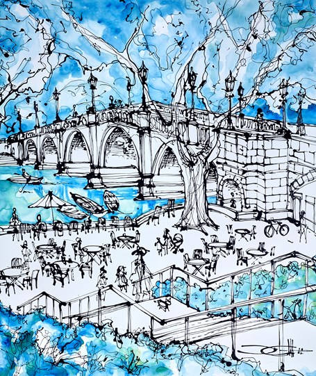 Tide Tables Cafe at the Bridge by Ingo - Original Painting on Box Canvas